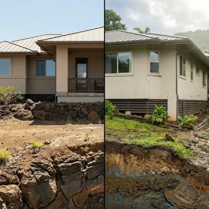Diagram showing how local soil conditions in Oahu—such as volcanic rock, sloped terrain, and humid fill soil—affect home foundation stability and cracking risks in East Oahu