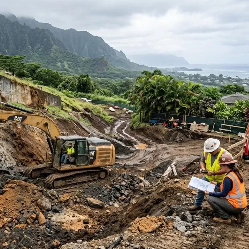 Excavation crew assessing soil stability and terrain variations in Oahu, Hawaii, including clay, volcanic rock, and coastal areas, to ensure safe footing and long-term structural integrity.
