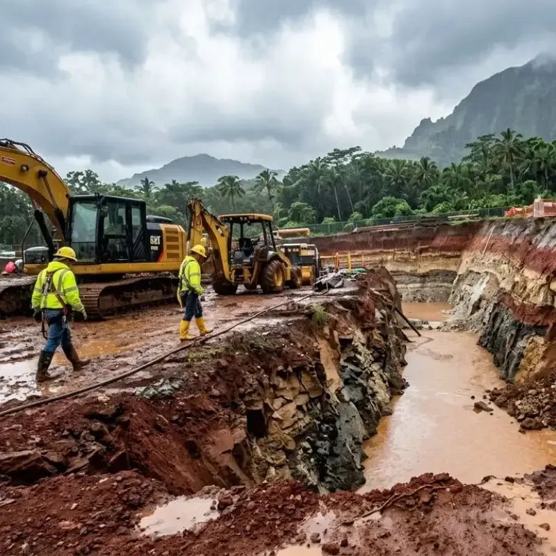 Excavation site in Oʻahu showing volcanic soil, clay layers, and coral fill with water pooling after heavy rainfall in Kāneʻohe, highlighting unique local soil and drainage challenges for construction projects.