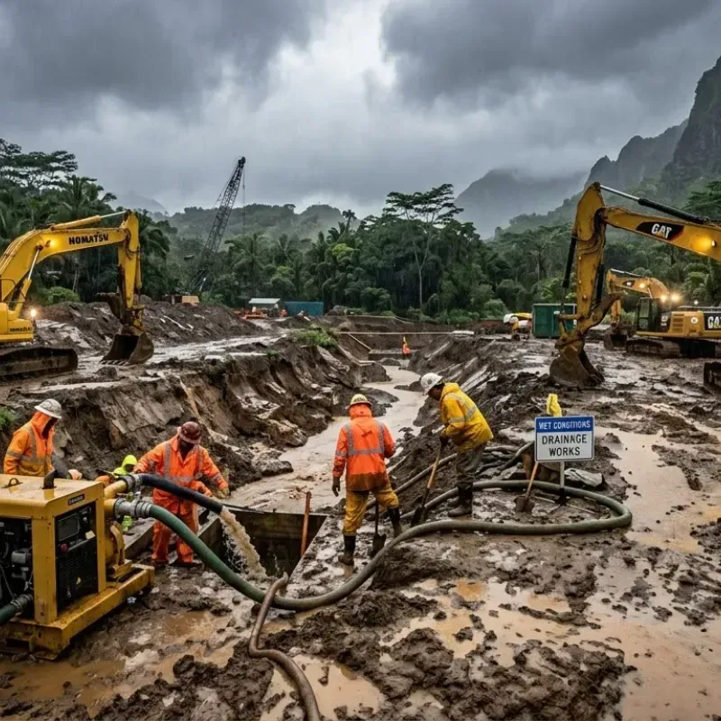 Excavation site in Oahu showing wet soil and heavy rainfall, highlighting drainage challenges and weather-related construction delays.