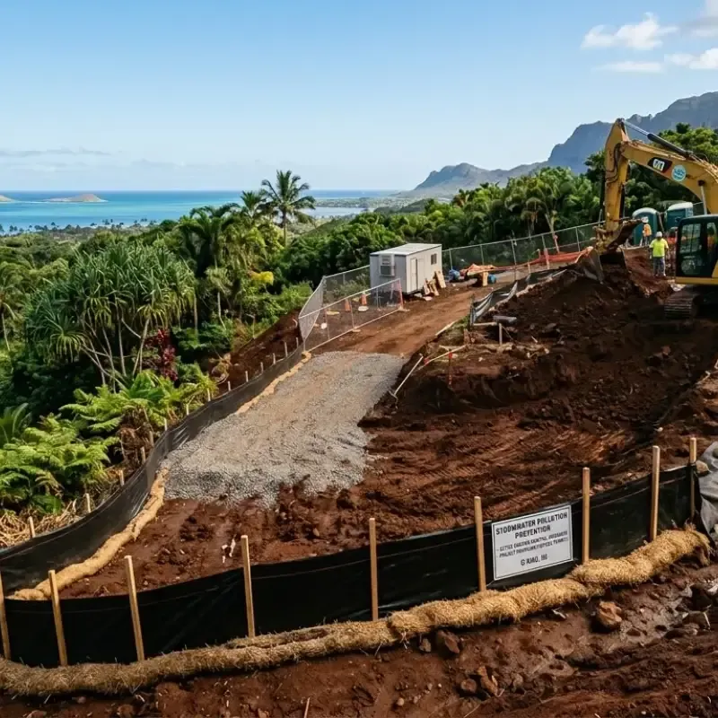 Excavation site on Oʻahu residential lot showing proper drainage planning to prevent sediment runoff, complying with City and County of Honolulu stormwater regulations and protecting local ecosystems.