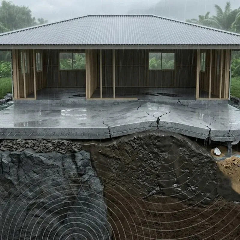 Foundation cracks in a residential home in Oahu, Hawaii caused by shifting soil and expansive clay beneath the concrete slab