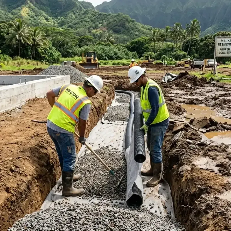Hawaiʻi excavation crew installing French drains and gravel layers to prevent water damage and ensure long-term stability, expert drainage planning for homes and construction projects in Honolulu.