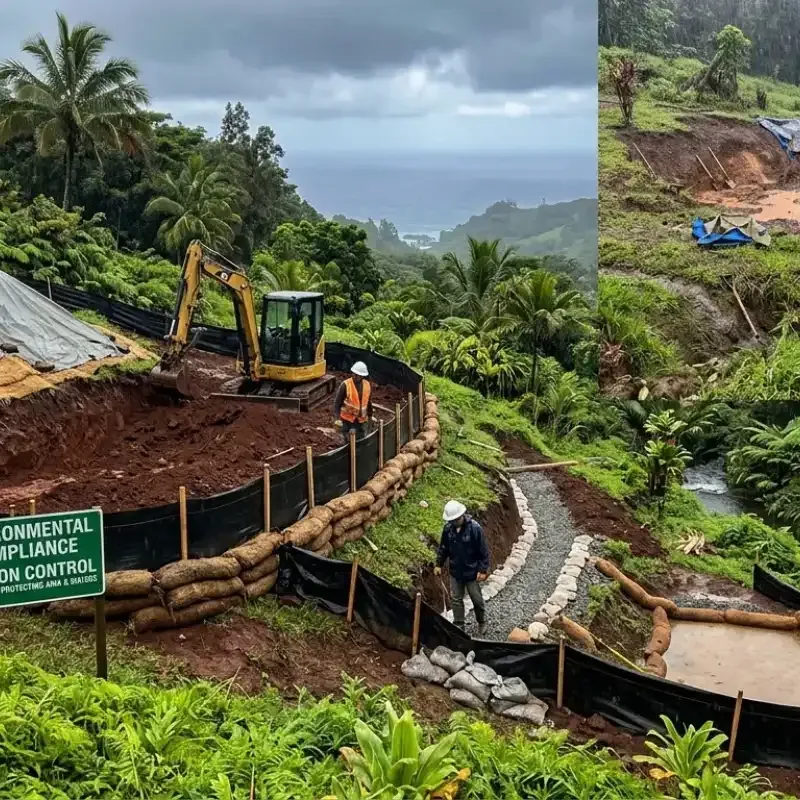 Hawaii excavation crew installing silt fencing to prevent soil erosion and protect local waterways