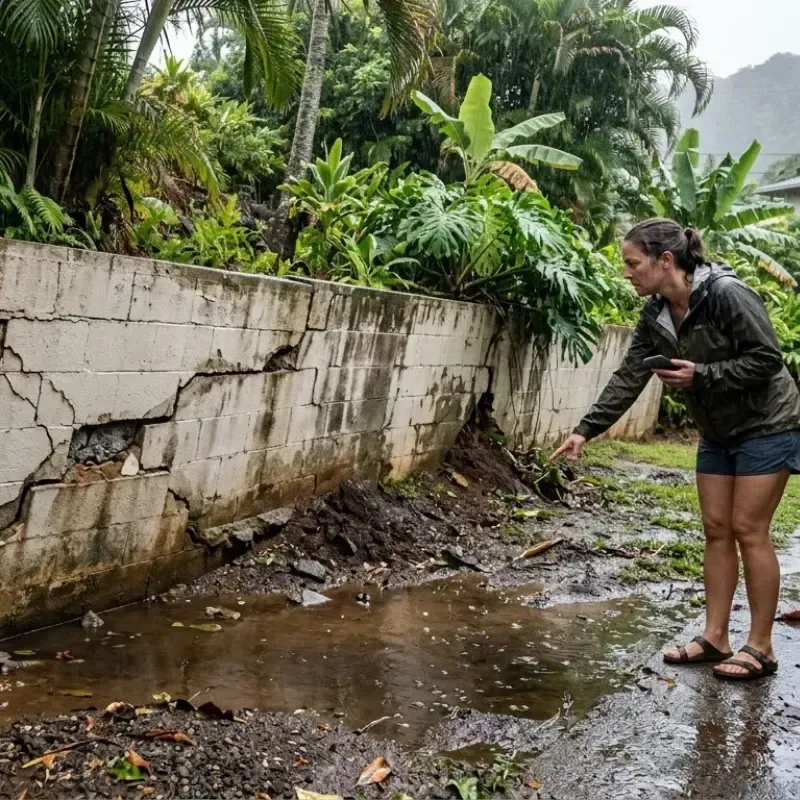 Hawaii homeowner inspecting cracked and leaning retaining wall needing professional concrete repair