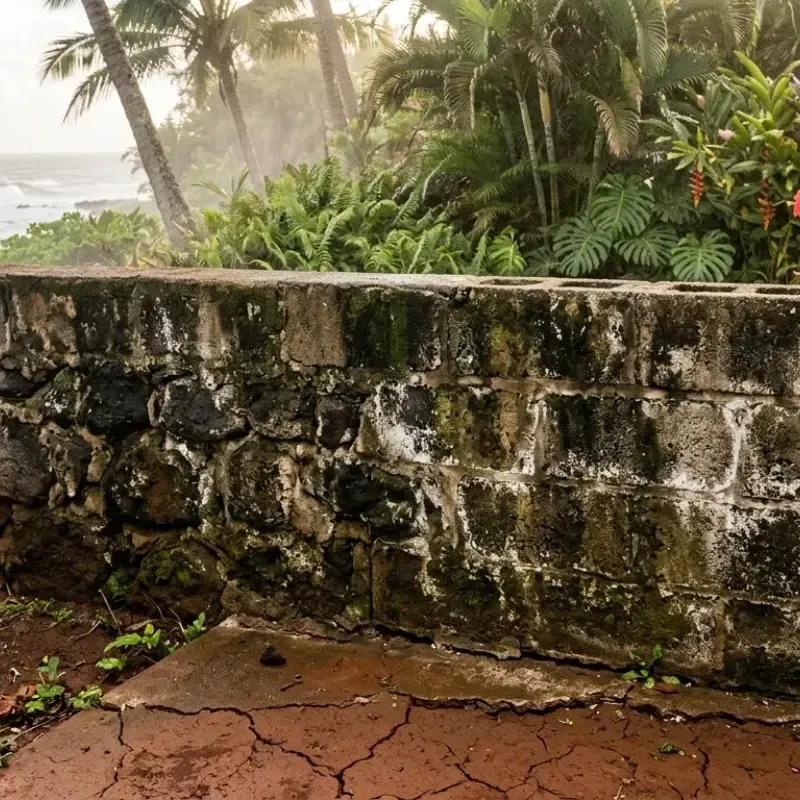 Hawaii masonry wall damaged by salt air and humidity near Honolulu