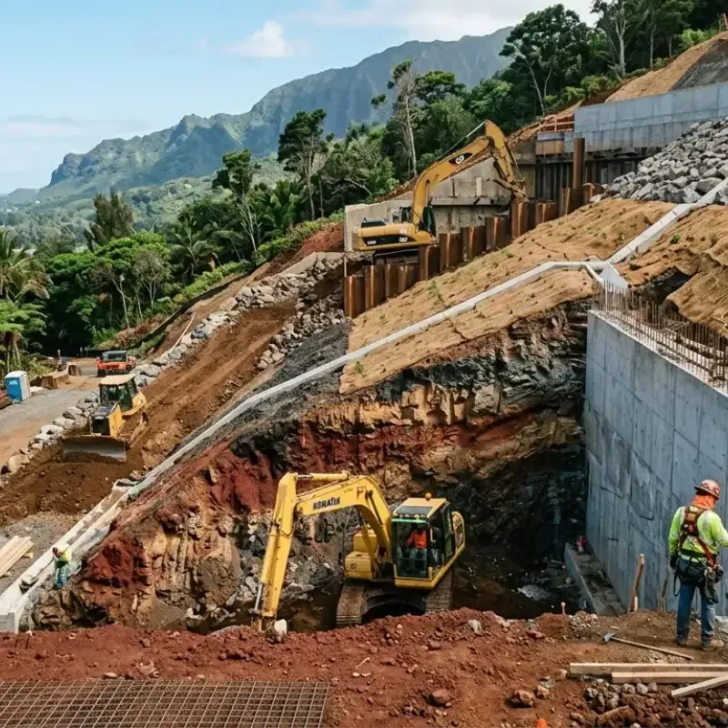 Hawaii residential slope excavation with engineered retaining wall for soil stability and erosion prevention