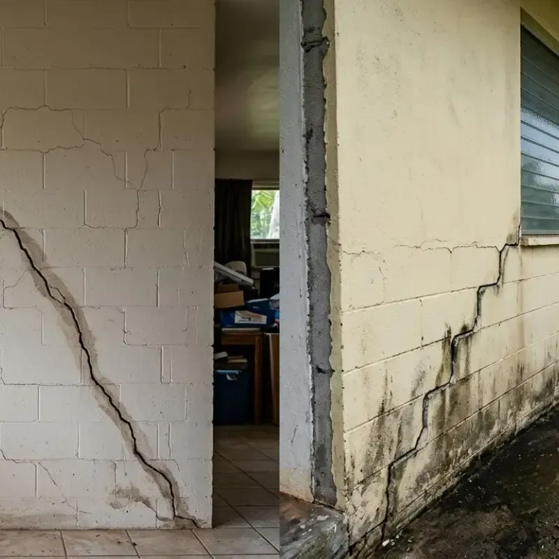 Oʻahu home with diagonal foundation cracks near windows showing signs of differential settlement, highlighting the need for professional foundation inspection in Hawaii.
