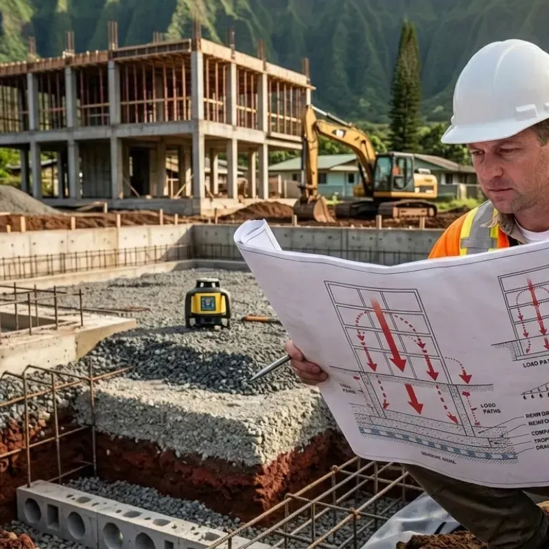 Oʻahu multi-story residential foundation showing proper load distribution, soil stability, drainage, and reinforcement for safe home construction