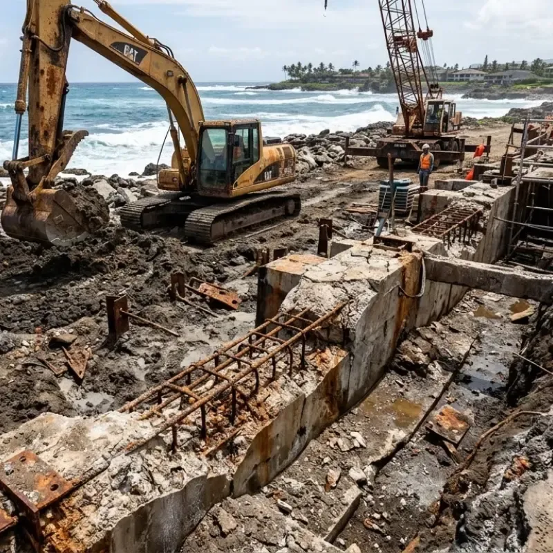 Oahu coastal excavation site showing metal rebar exposed to salt-heavy soil