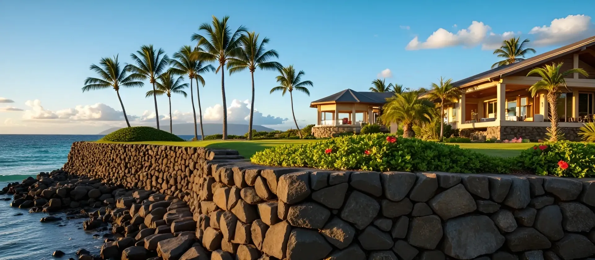 Oahu coastal rock wall property view