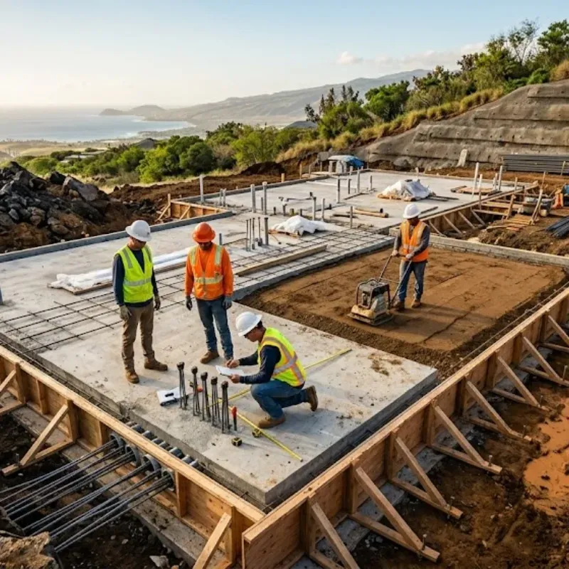 Oahu concrete professionals installing post-tensioned slab foundation for coastal and hillside homes in Hawaii