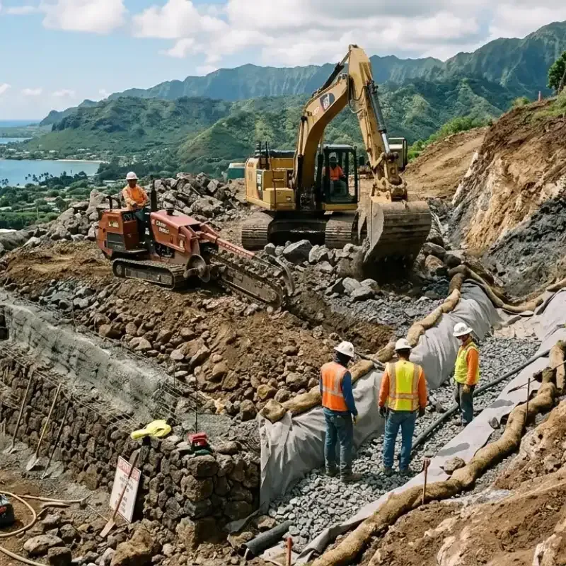 Oahu excavation crew performing structural excavation on sloped terrain