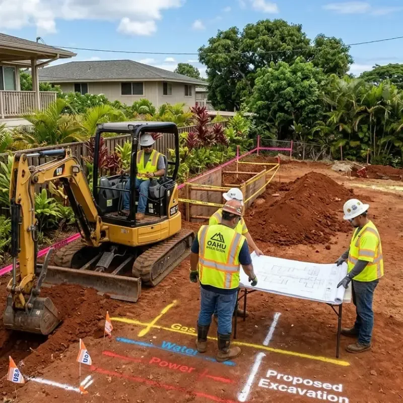 Oahu excavation professionals carefully digging on residential property, following local soil, terrain, and utility regulations for safe and precise construction projects.