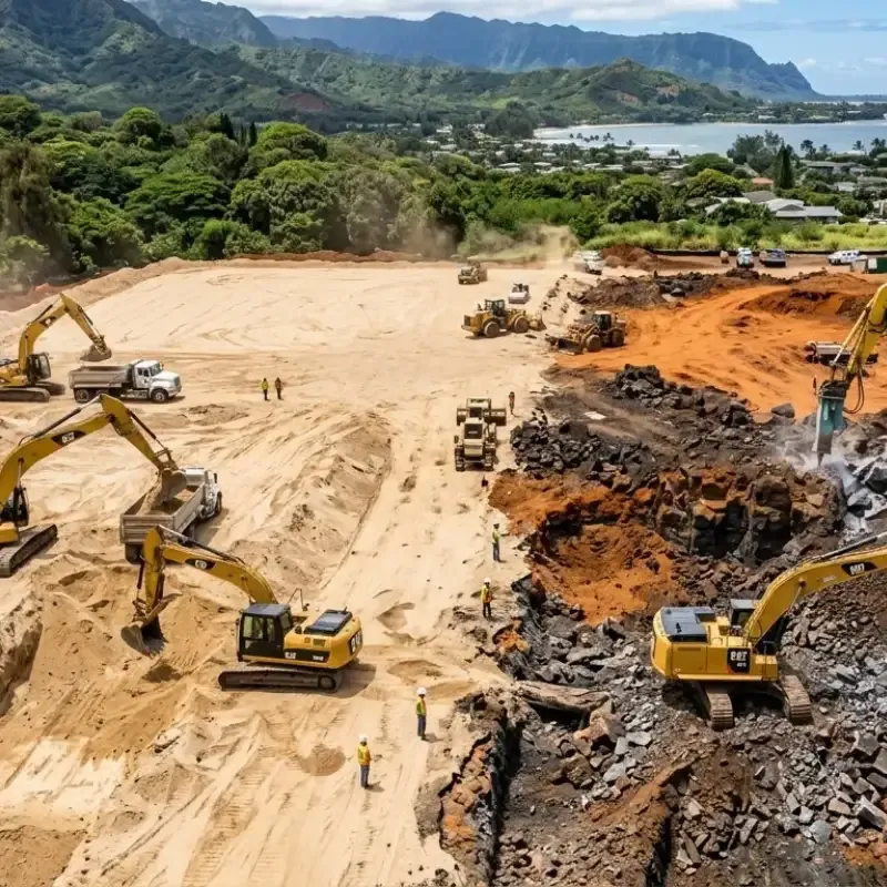 Oahu excavation site showing varying soil types, including sandy soil, dense clay, and basalt rock, highlighting importance of professional soil testing for residential construction