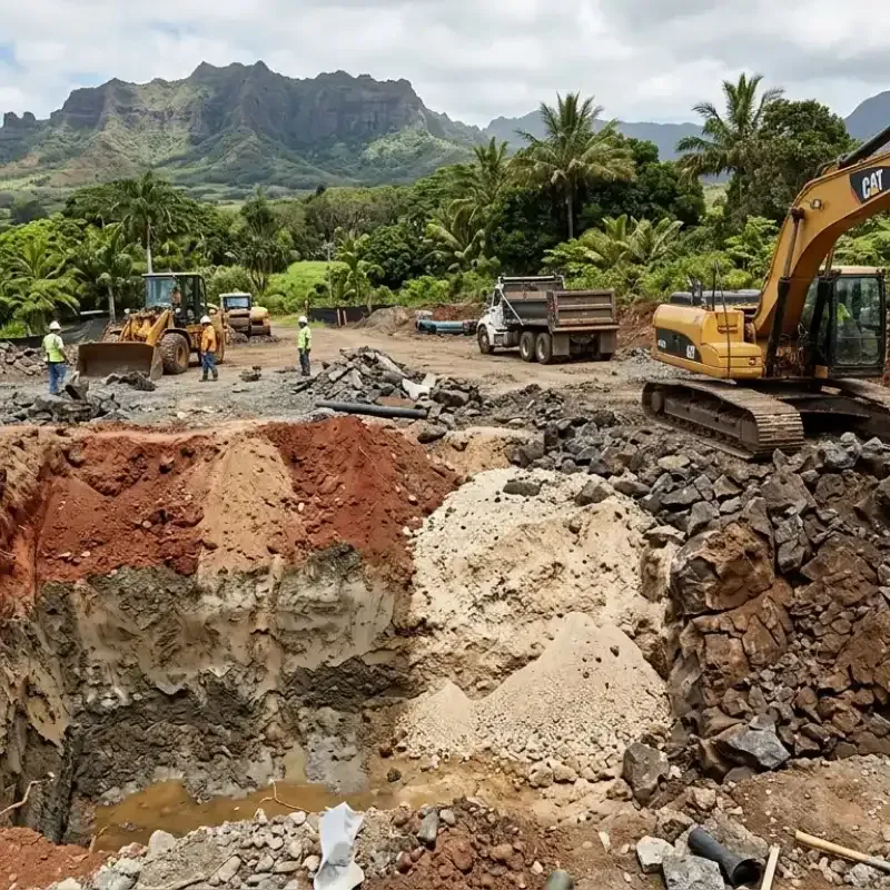 Oahu excavation site showing volcanic rock and clay soils affecting construction stability