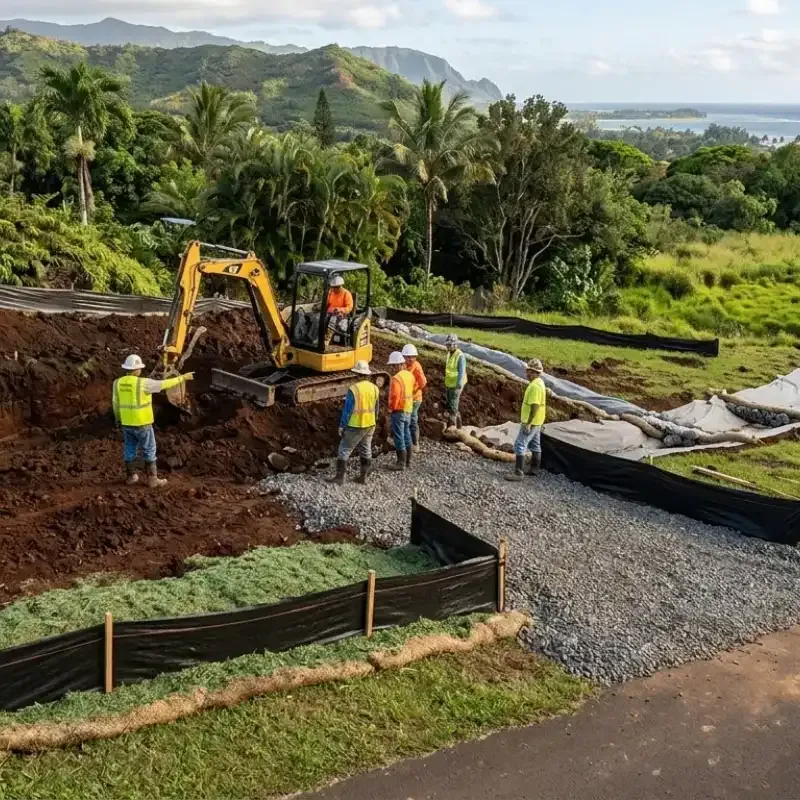 Oahu excavation site with silt fencing protecting volcanic soil and nearby waterways