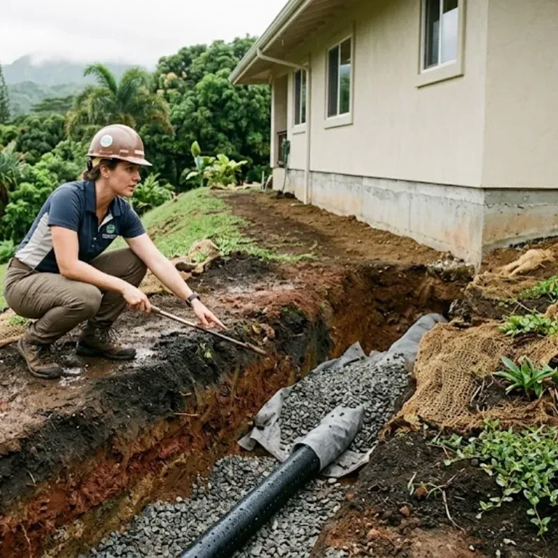 Oahu home foundation prevention showing drainage systems, soil stability, and sloped terrain to prevent structural damage in Hawaii properties