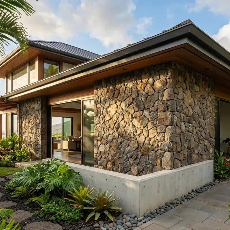 Oahu home with decorative stone veneer wall enhancing exterior design, durable against tropical weather and moisture