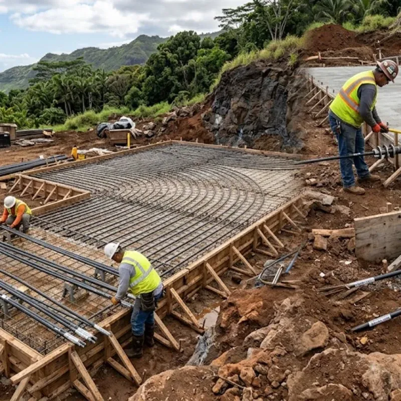Post-tensioned concrete slab foundation installation in Oahu, Hawaii showing tendon layout and site preparation on challenging volcanic soil conditions