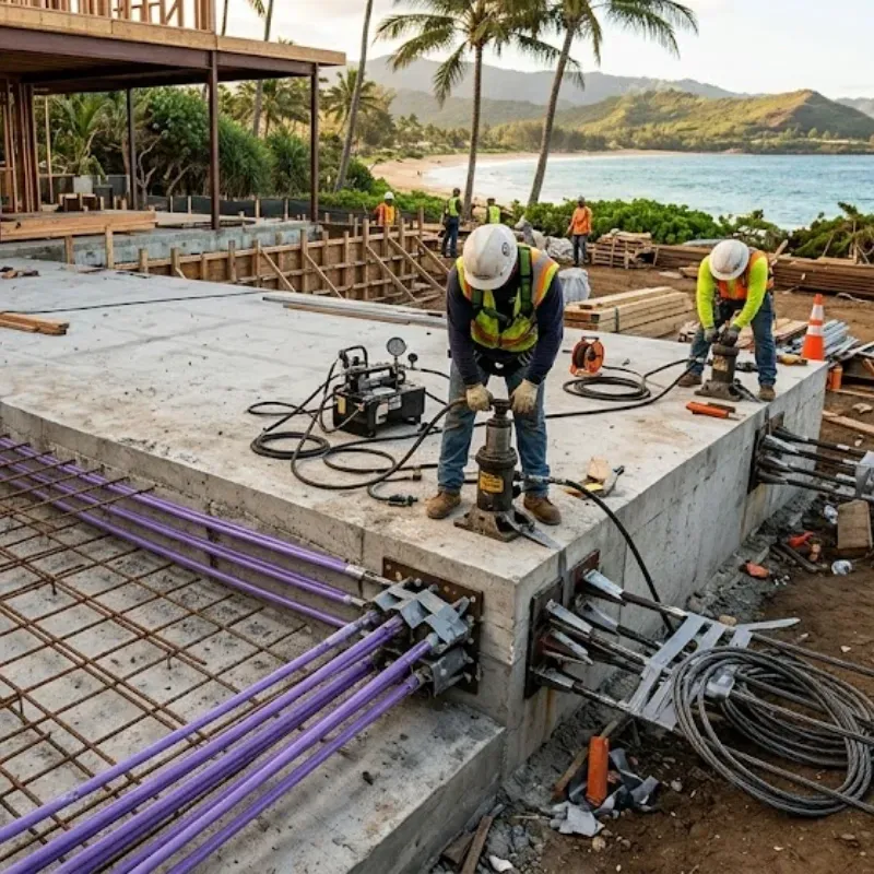 Post-tensioned concrete slab foundation on Oahu showing steel tendons being tightened with hydraulic jacks for residential construction