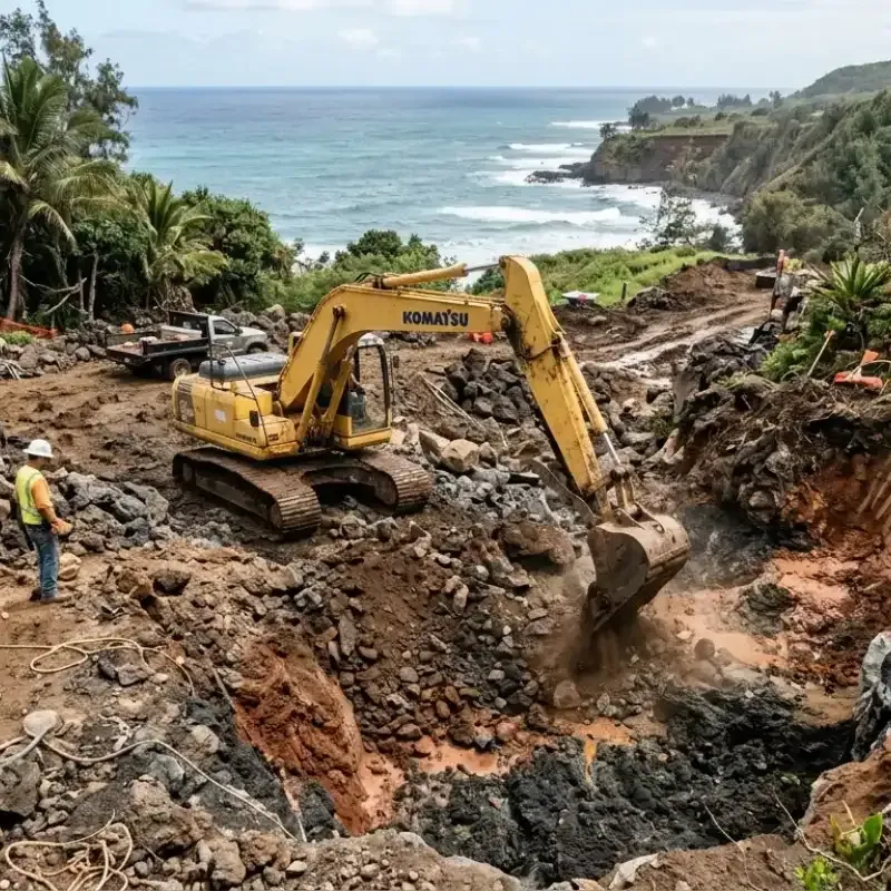 Professional excavation in Oahu, Hawaii navigating volcanic rock, compacted clay, and shifting coastal soils for safe and stable digging