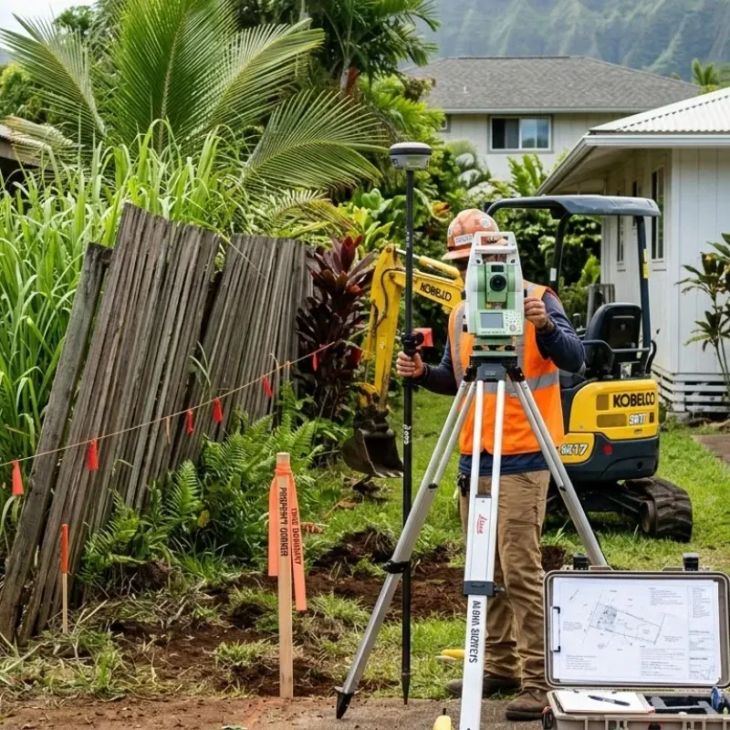Property line survey markers before excavation work in Oahu residential neighborhood