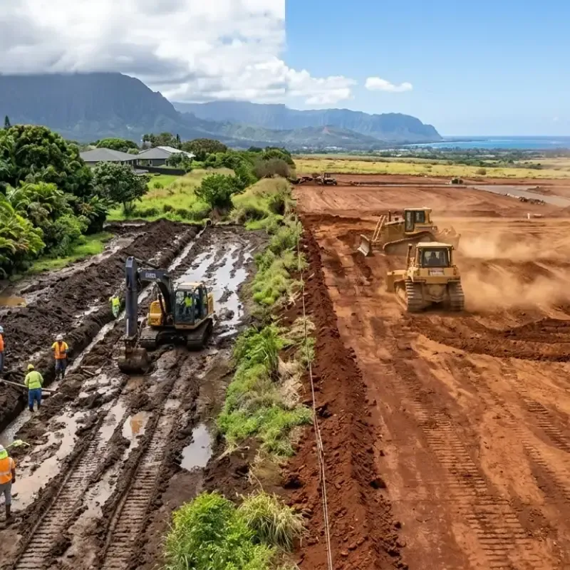 Residential excavation site in Kāneʻohe, O‘ahu showing drainage planning for windward moisture