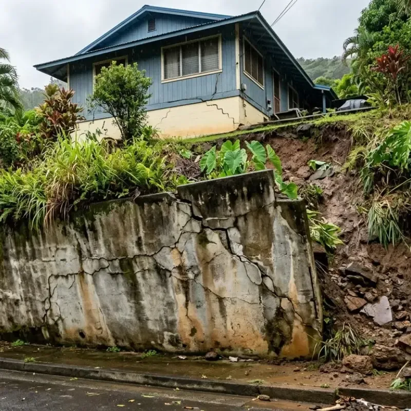 Retaining wall showing cracks and leaning in Mānoa, Oʻahu hillside home, highlighting soil instability and potential foundation issues.