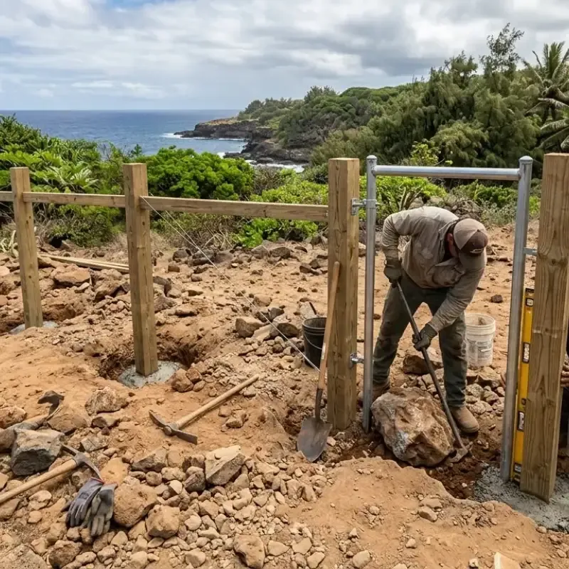 Shallow excavation for fence posts and gates in Oahu, Hawaii, ensuring stable fencing and perimeter enclosures in rocky, high-wind areas