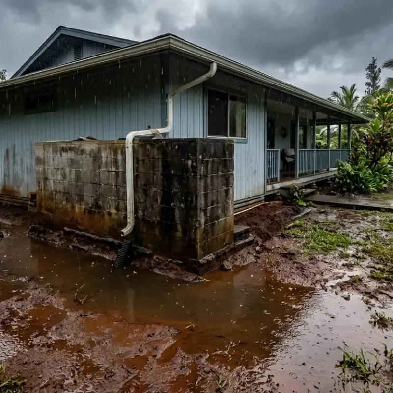 Water pooling near home foundation in Hawaiʻi after heavy rainfall, showing drainage concerns.