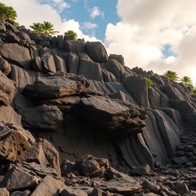 A large lava rock wall formation with palm trees in the background