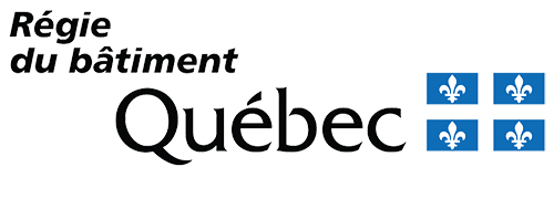 Logo of Régie du bâtiment Québec, with text and flag of Québec.