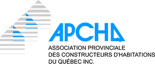 Logo de l'APCHQ, une association de constructeurs d'habitations du Québec, avec un contour de bâtiment bleu et gris et un texte bleu.