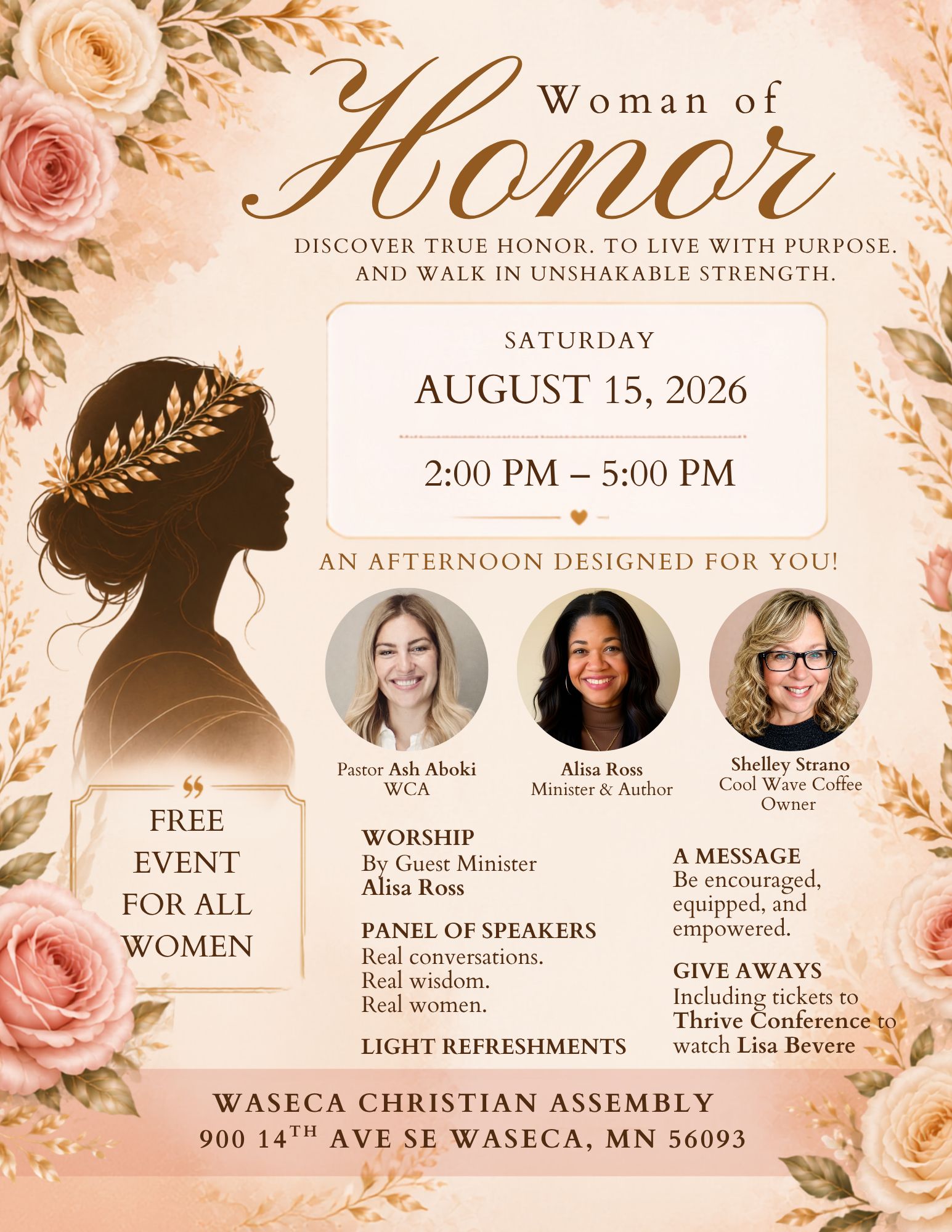 “Woman of Honor” church event flyer with floral design, August 15, 2026, speaker photos, and worship details