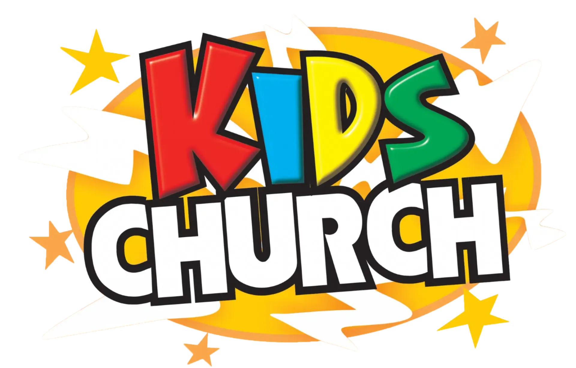 A colorful logo for a kids church with stars in the background