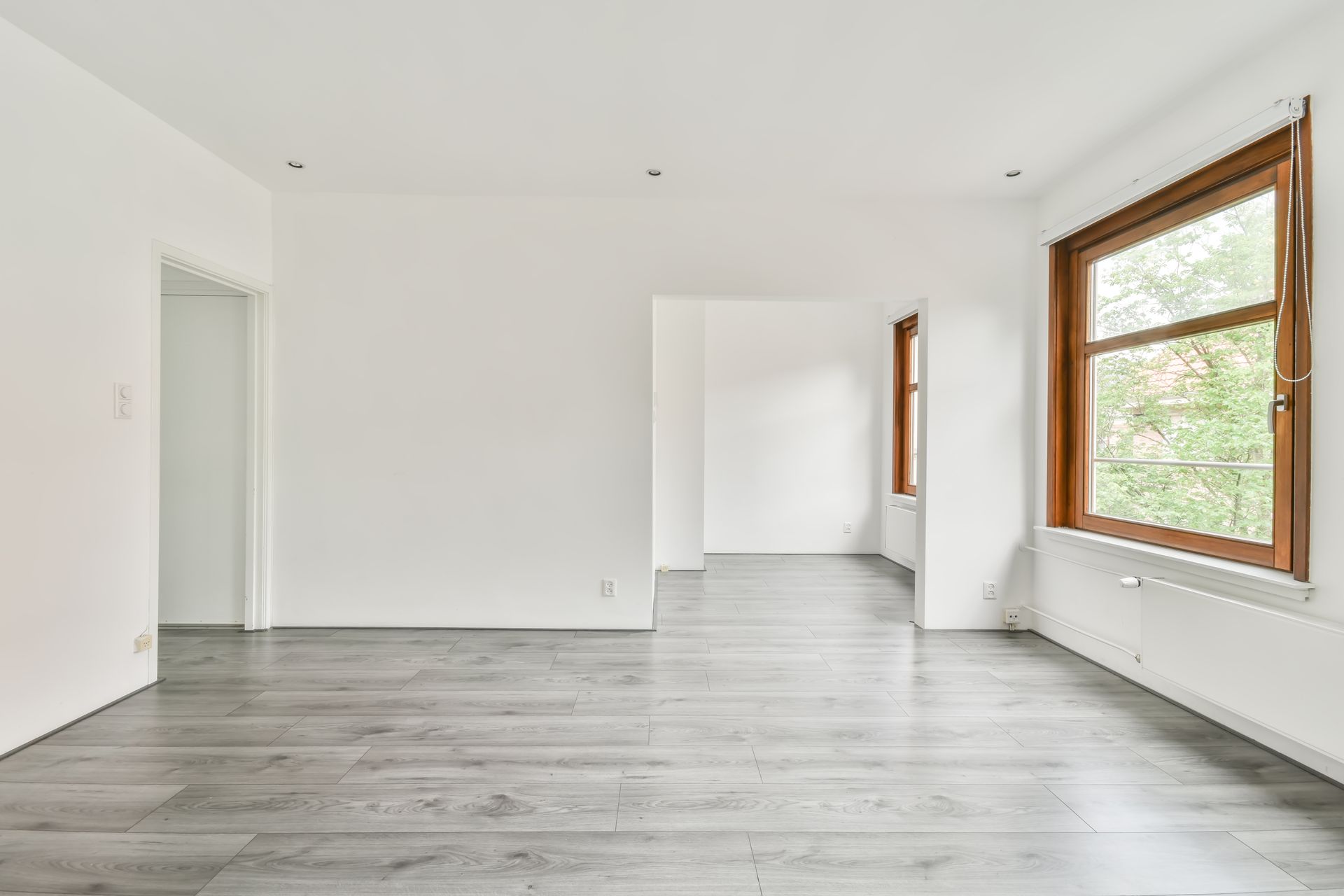 An empty living room with a wooden floor and two windows.