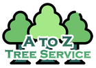 Logo for A to Z Tree Service, featuring three green cartoon trees and text overlay.