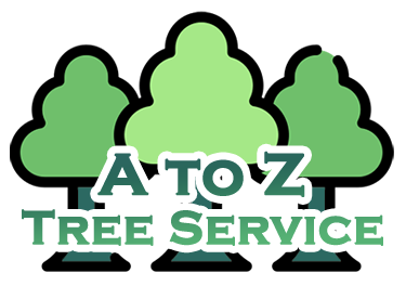 Logo for A to Z Tree Service, featuring three green cartoon trees and text overlay.