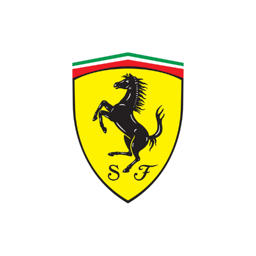 O logotipo da ferrari é um escudo com um cavalo nas patas traseiras.