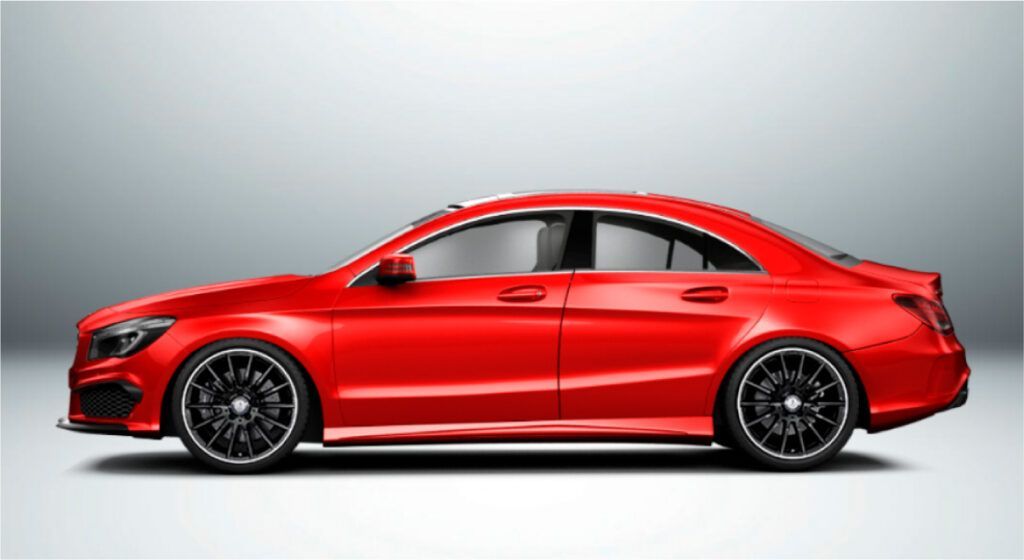 Uma classe mercedes benz cla vermelha é mostrada lateralmente em um fundo branco.