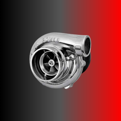 Um close de um turbocompressor em um fundo vermelho e preto