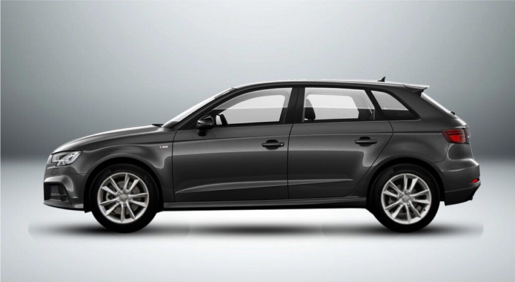 Um audi a3 cinza é mostrado lateralmente sobre um fundo branco.