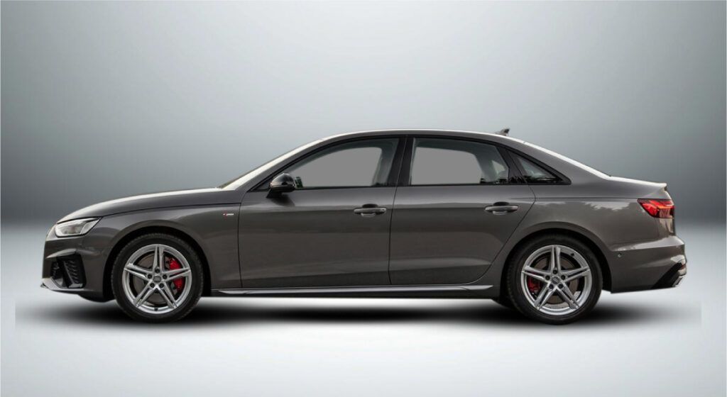 Um audi a4 cinza é mostrado lateralmente sobre um fundo branco.