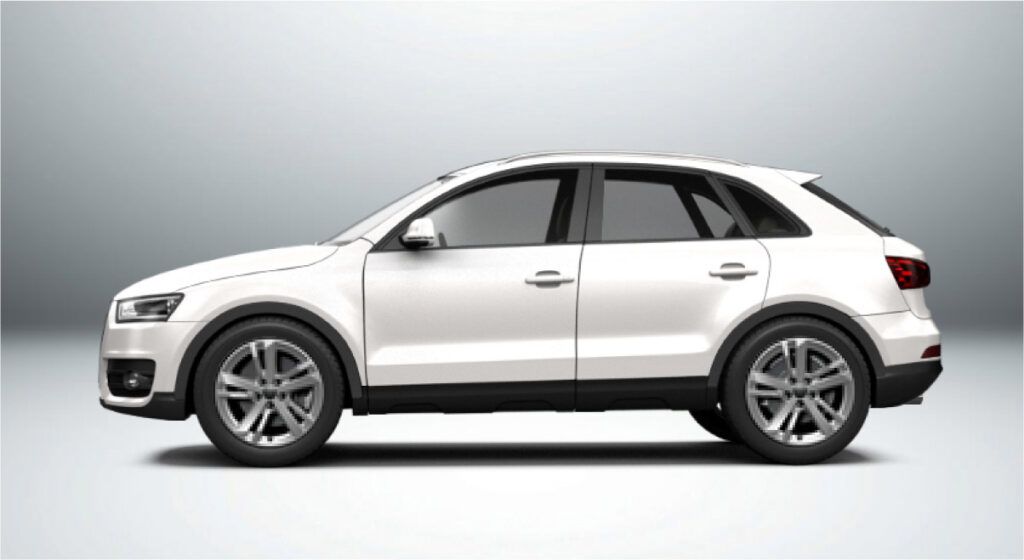 Um audi q3 branco é mostrado de lado sobre um fundo branco.
