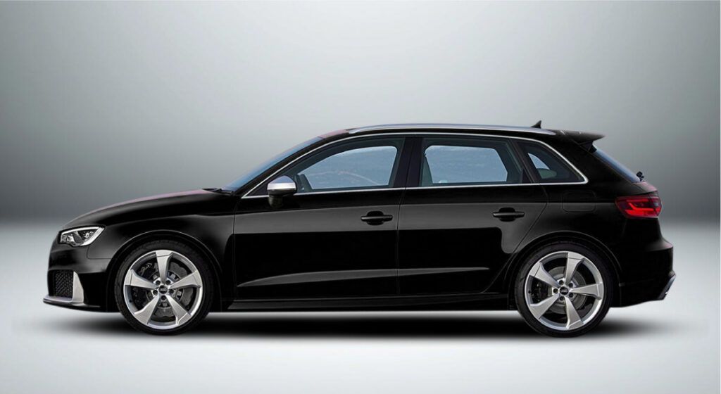 Um audi a3 preto é mostrado lateralmente sobre um fundo branco.