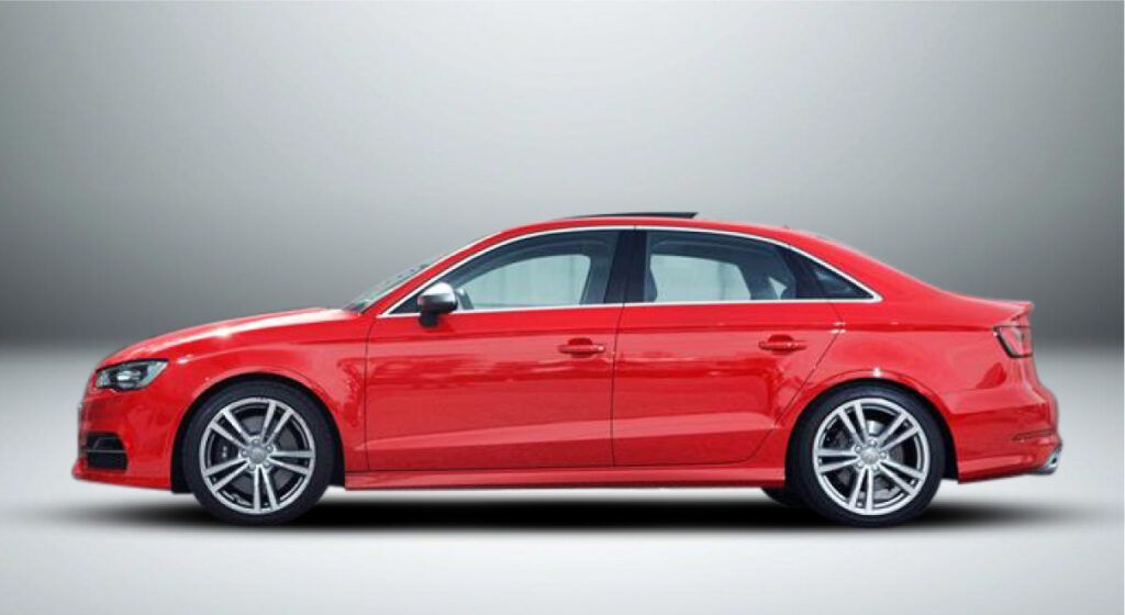 Um audi a3 sedan vermelho é mostrado de lado em um fundo branco.