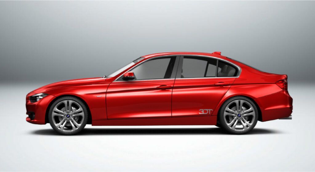 Um bmw série 3 vermelho está sentado em uma superfície branca.