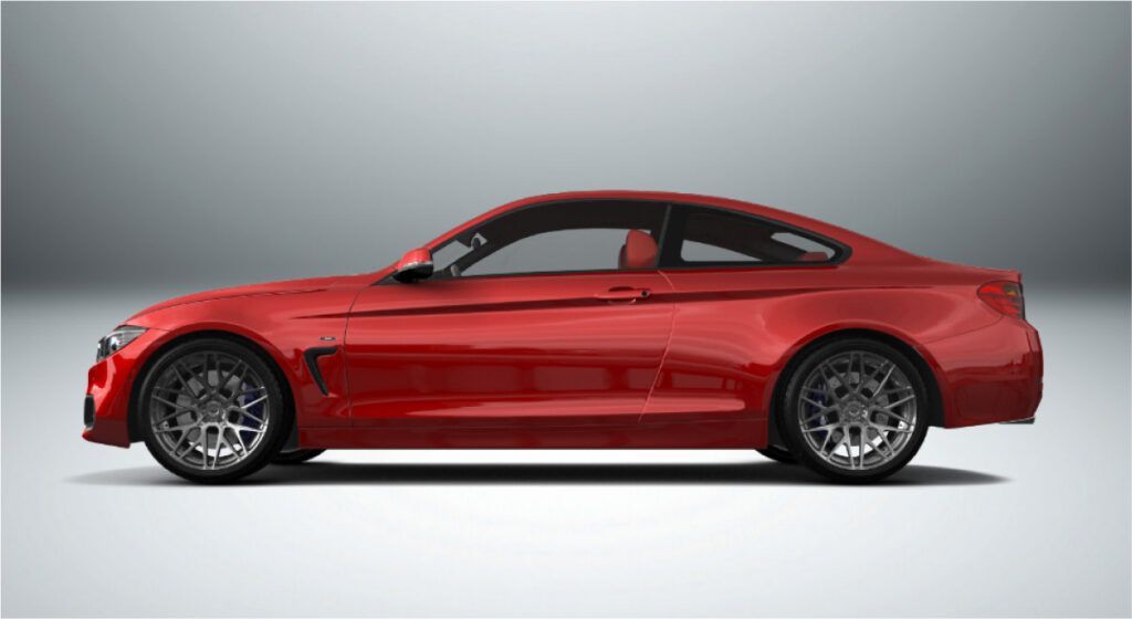 Um cupê bmw m4 vermelho é mostrado de lado em um fundo branco.