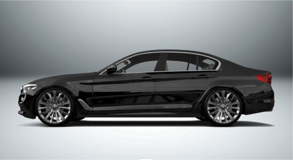 Um bmw série 5 preto é mostrado lateralmente em um fundo branco.